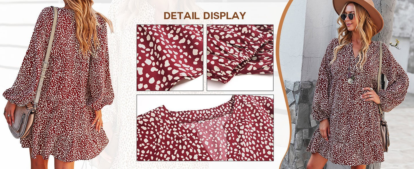 Yoyoveta Women's Black Leopard Print Long Sleeve V-Neck Ruffled Dress XL