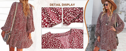 Yoyoveta Women's Black Leopard Print Long Sleeve V-Neck Ruffled Dress XL