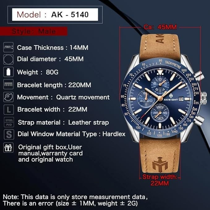 AKNIGHT Leather Watch for Men  Analog Chronograph Waterproof Silver & Blue