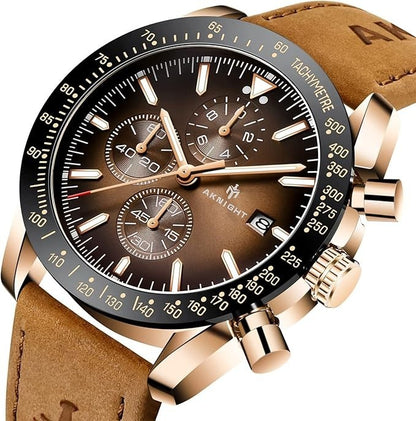 AKNIGHT Leather Watch for Men  Analog Chronograph Waterproof Copper & Brown