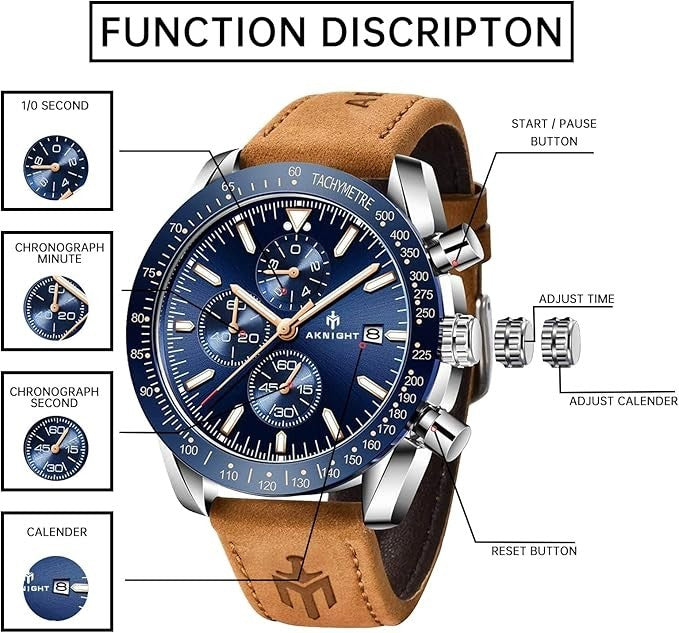 AKNIGHT Leather Watch for Men  Analog Chronograph Waterproof Silver & Blue