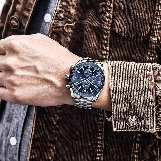 AKNIGHT Men's Watches 45mm Big Face, Waterproof Chronograph Silver & Blue