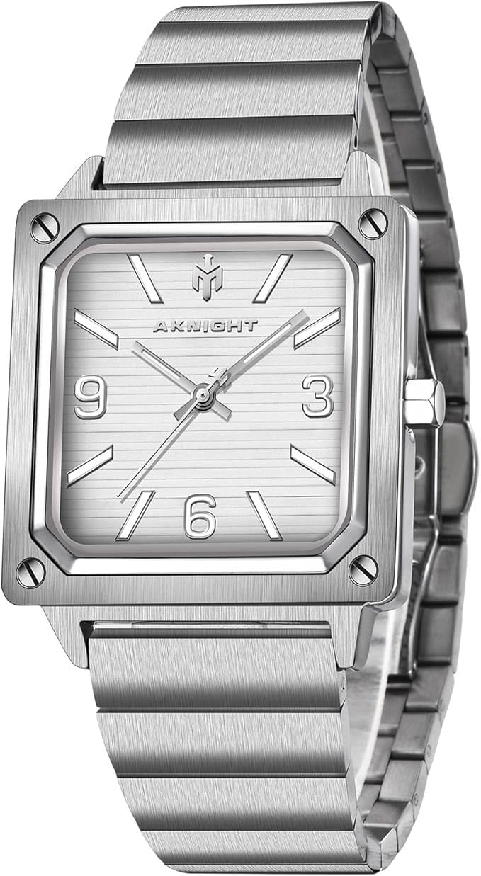 AKNIGHT Men's Square Watches Chronograph Elegant Business Watch Silver & White