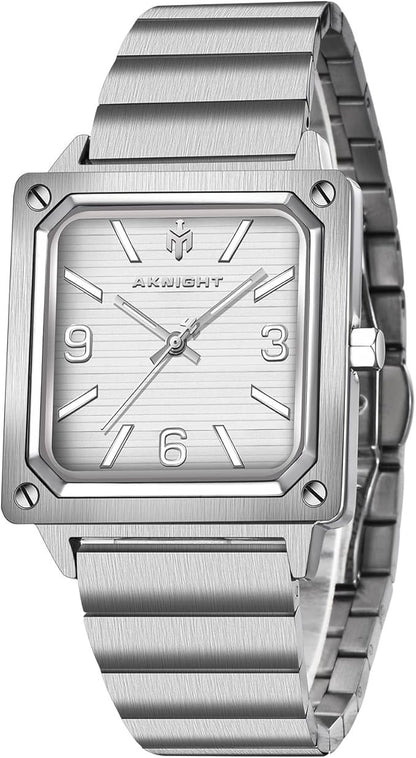 AKNIGHT Men's Square Watches Chronograph Elegant Business Watch Silver & White