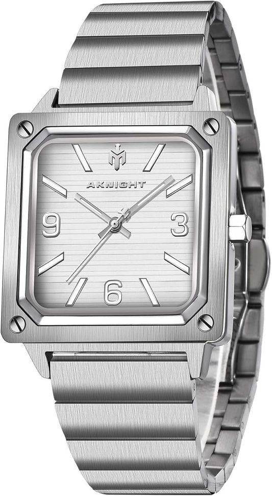 AKNIGHT Men's Square Watches Chronograph Elegant Business Watch Silver & White