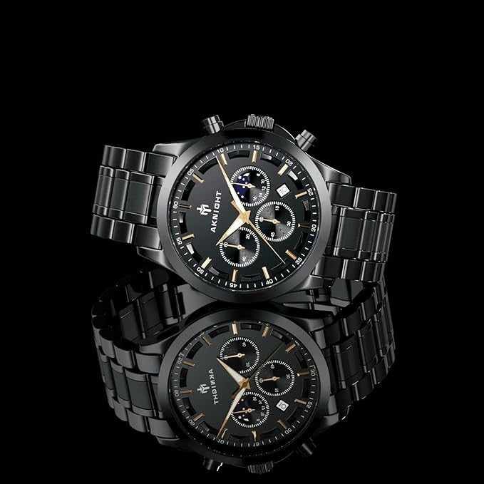 AKNIGHT Men's Watches 45mm Big Face, Waterproof Chronograph Black & Gold