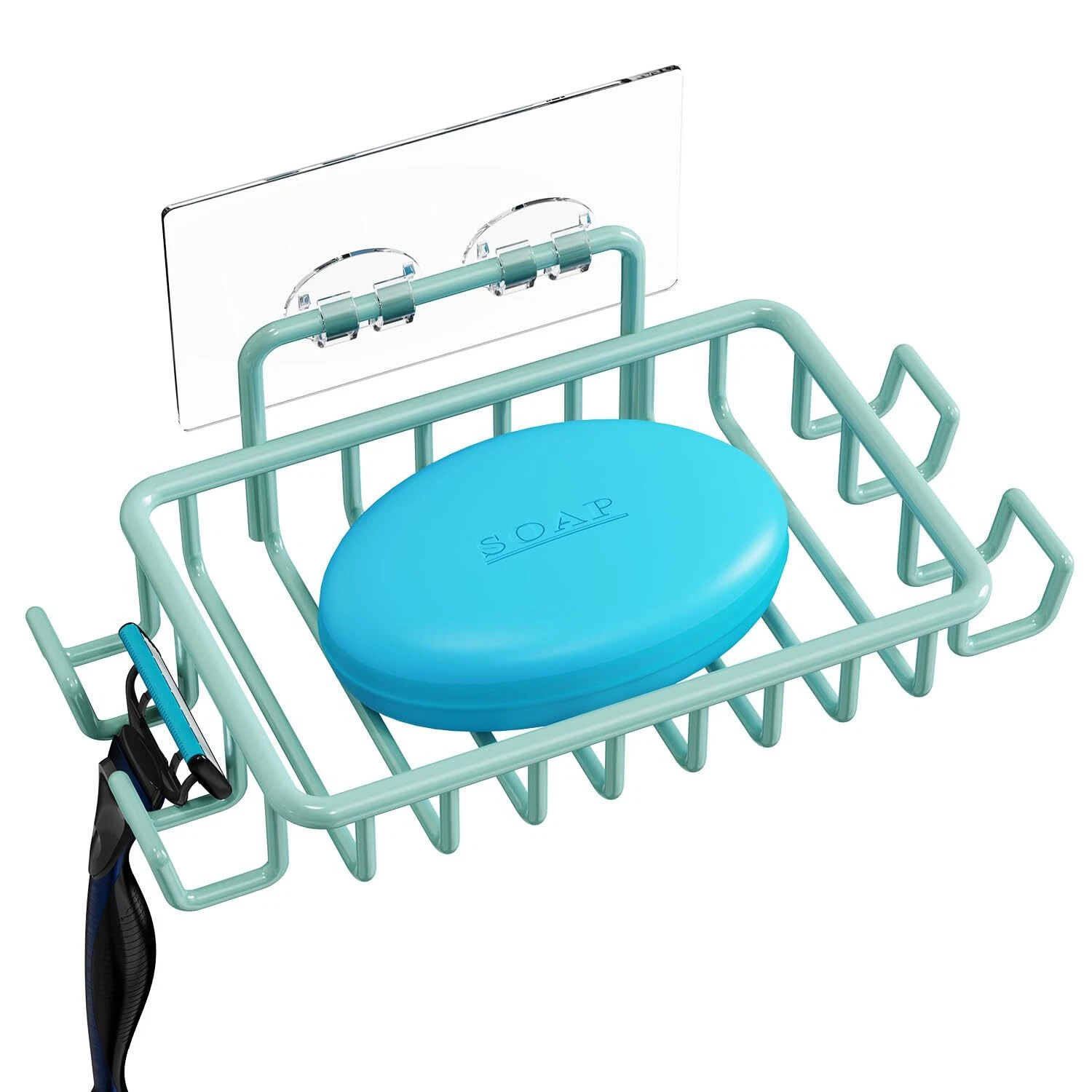 New Blue Metal Soap Bar Holder/Dish with 4 Adhesive Hooks for Bathroom