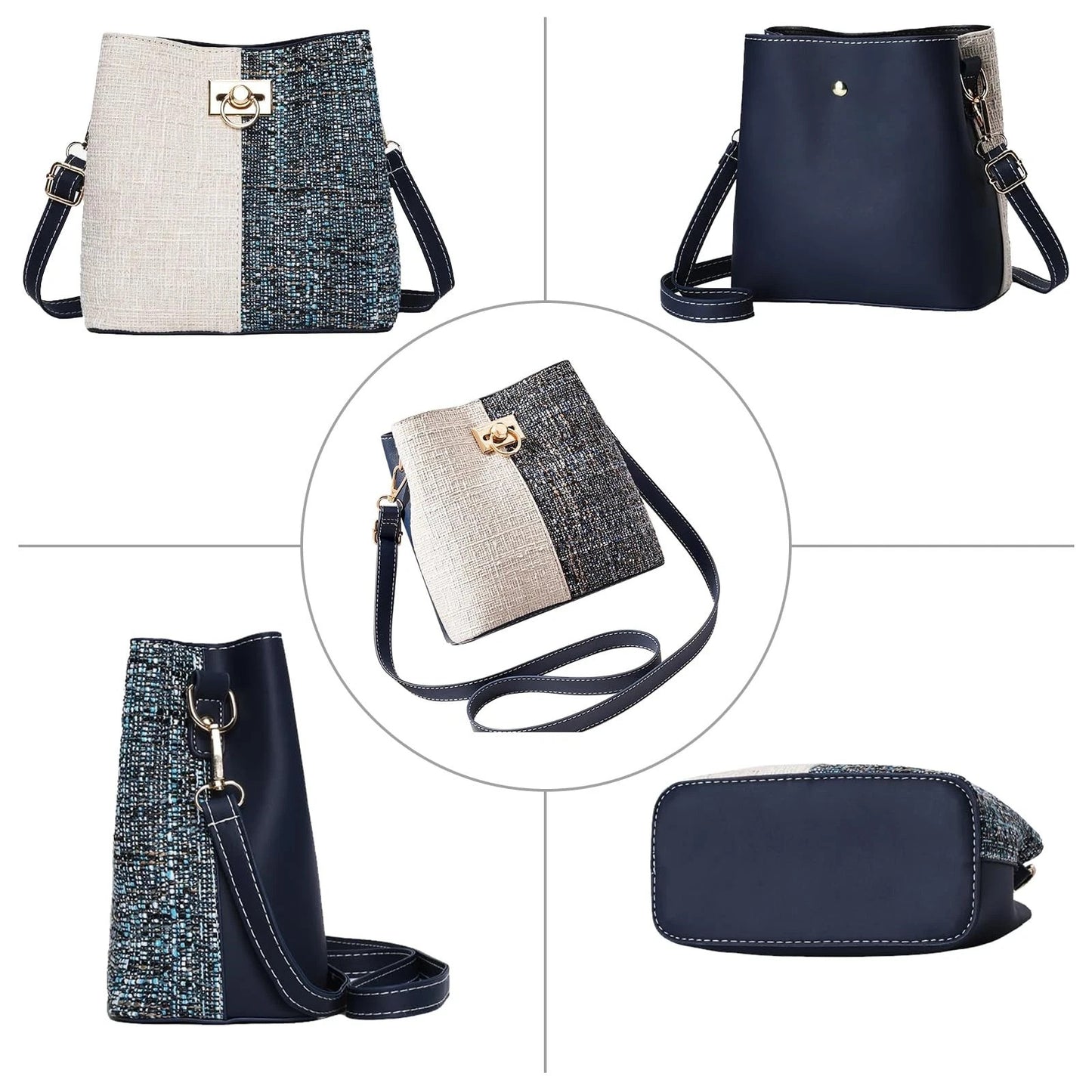 Trendy Crossbody Bucket Bag for Women Blue PU Leather Gold Hardware Medium