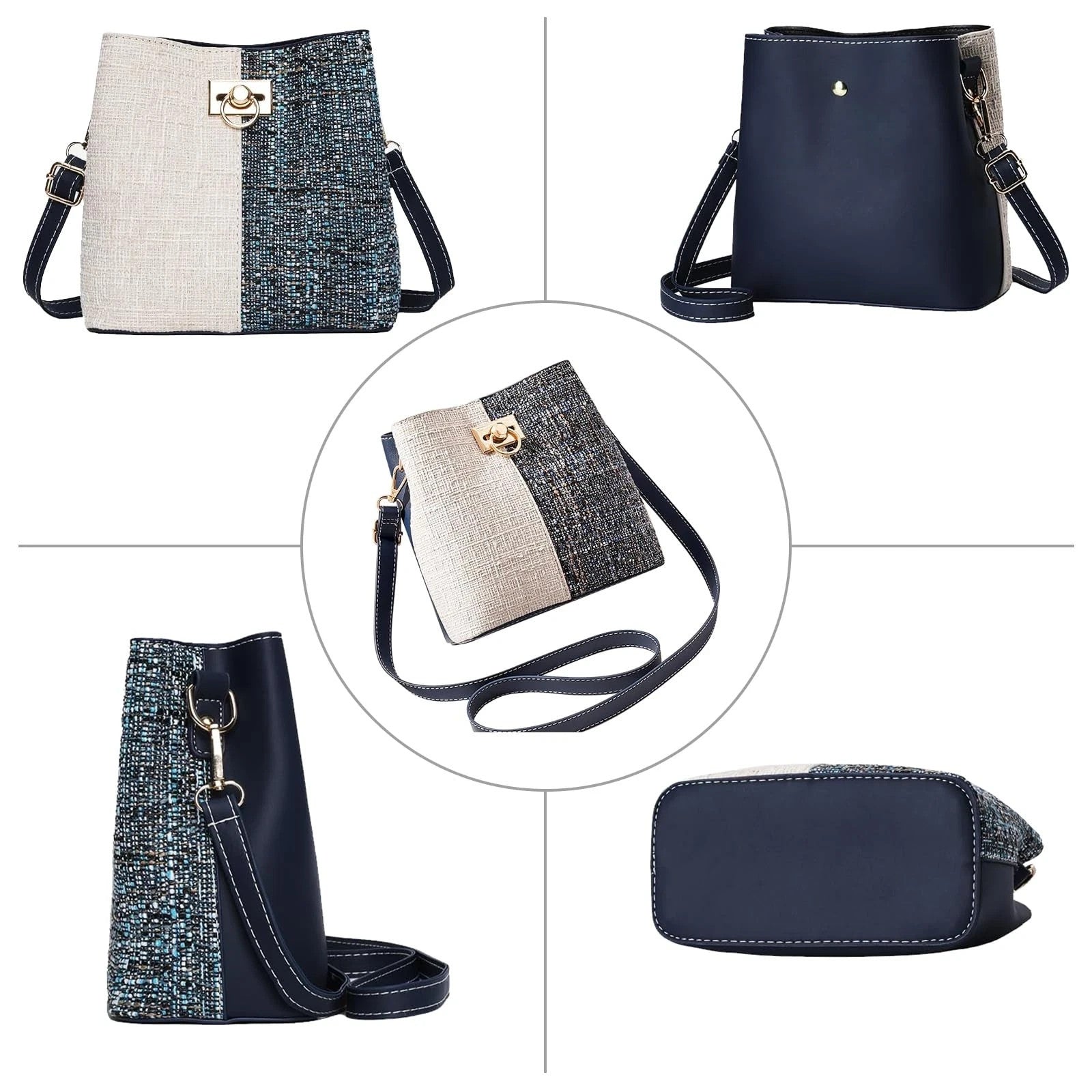 Trendy Crossbody Bucket Bag for Women Blue PU Leather Gold Hardware Medium