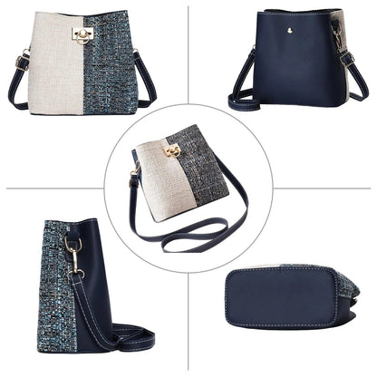 Trendy Crossbody Bucket Bag for Women Blue PU Leather Gold Hardware Medium