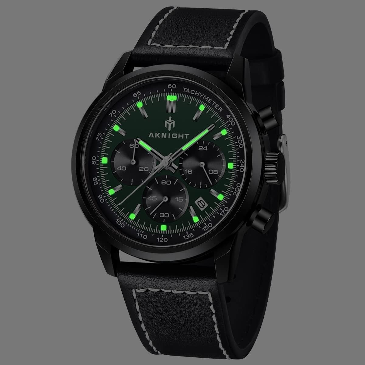 AKNIGHT Leather Watch for Men  Analog Chronograph Waterproof Black & Green