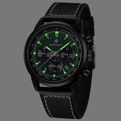 AKNIGHT Leather Watch for Men  Analog Chronograph Waterproof Black & Green