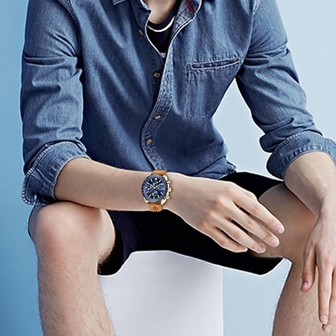 AKNIGHT Leather Watch for Men  Analog Chronograph Waterproof Copper & Blue