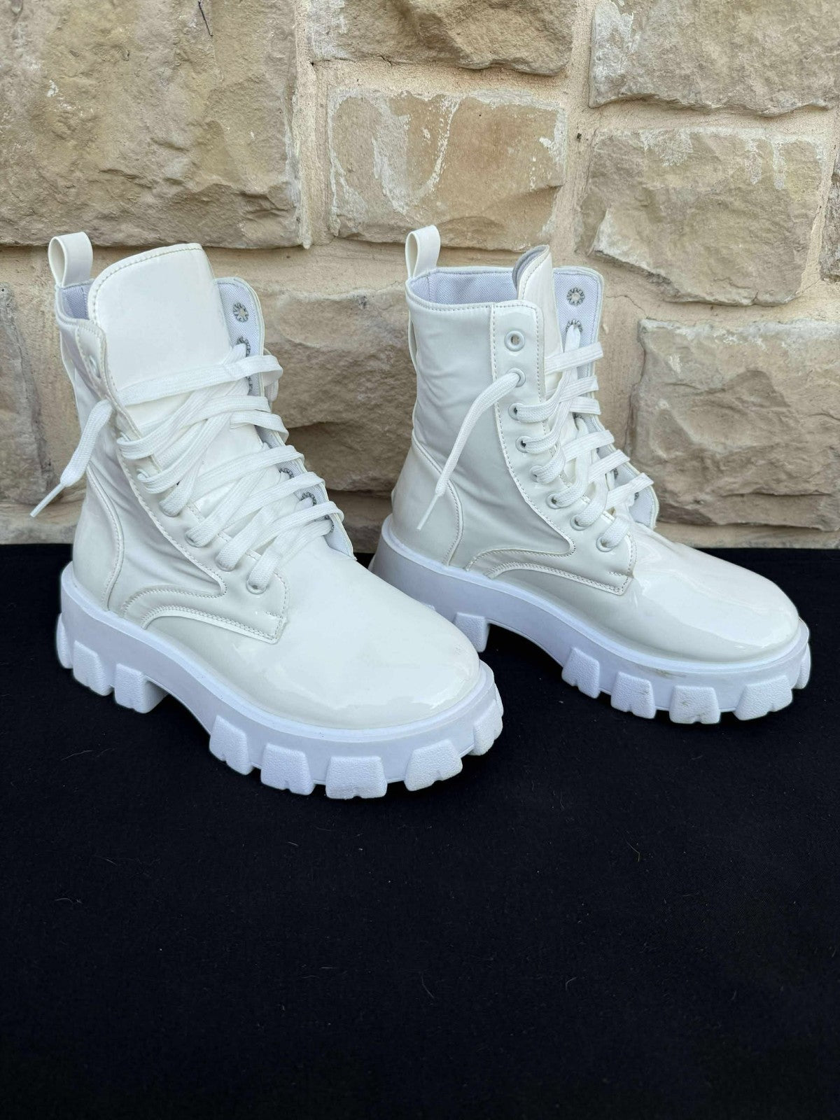 Pre-owned Women Mid Calf Round Toe Platform Boots Chunky Block Heel 8" High