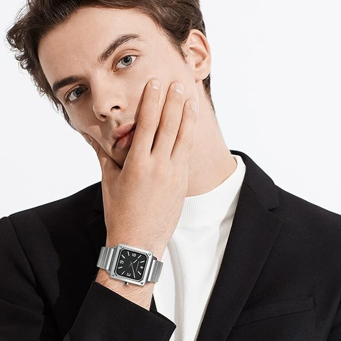 AKNIGHT Men's Square Watches Chronograph Elegant Business Watch Silver & Black