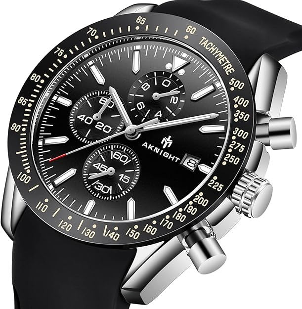 BENYAR Aknight Mens Watch Analog Quartz Chronograph Waterproof Black & Siver