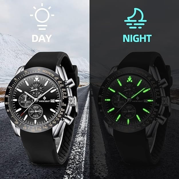 BENYAR Aknight Mens Watch Analog Quartz Chronograph Waterproof Black & Siver