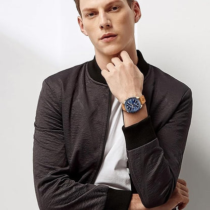 AKNIGHT Leather Watch for Men  Analog Chronograph Waterproof Copper & Blue