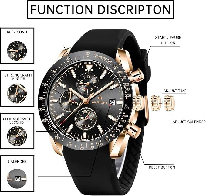 BENYAR Aknight Mens Watch Analog Quartz Chronograph Waterproof Black & Gold