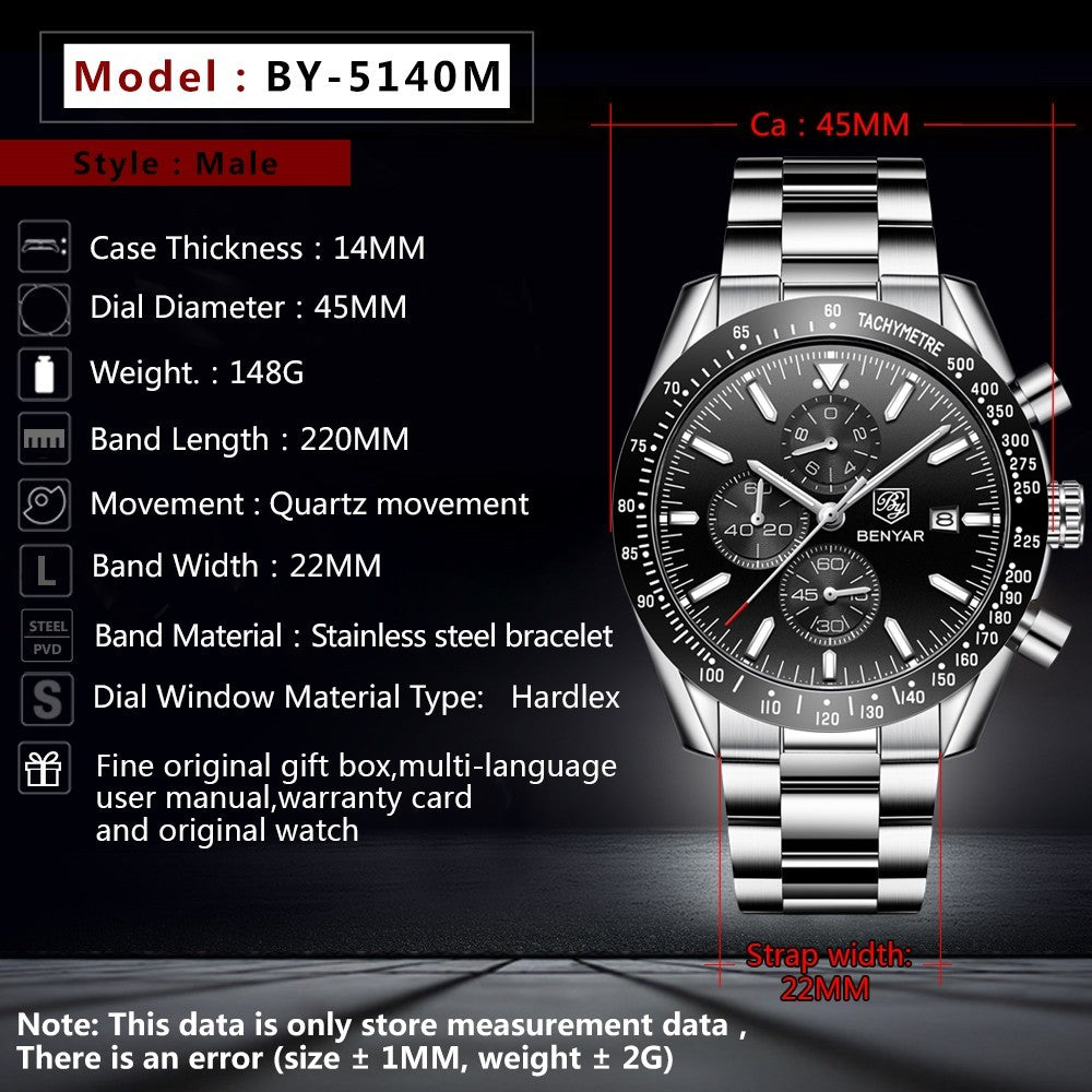 BENYAR Men's Chronograph Watch BY5140 Silver Stainless Steel, Black Dial, Quartz