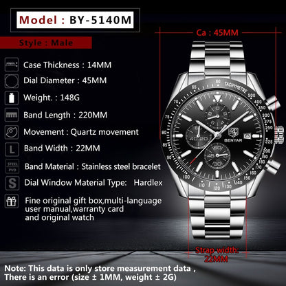 BENYAR Men's Chronograph Watch BY5140 Silver Stainless Steel, Black Dial, Quartz