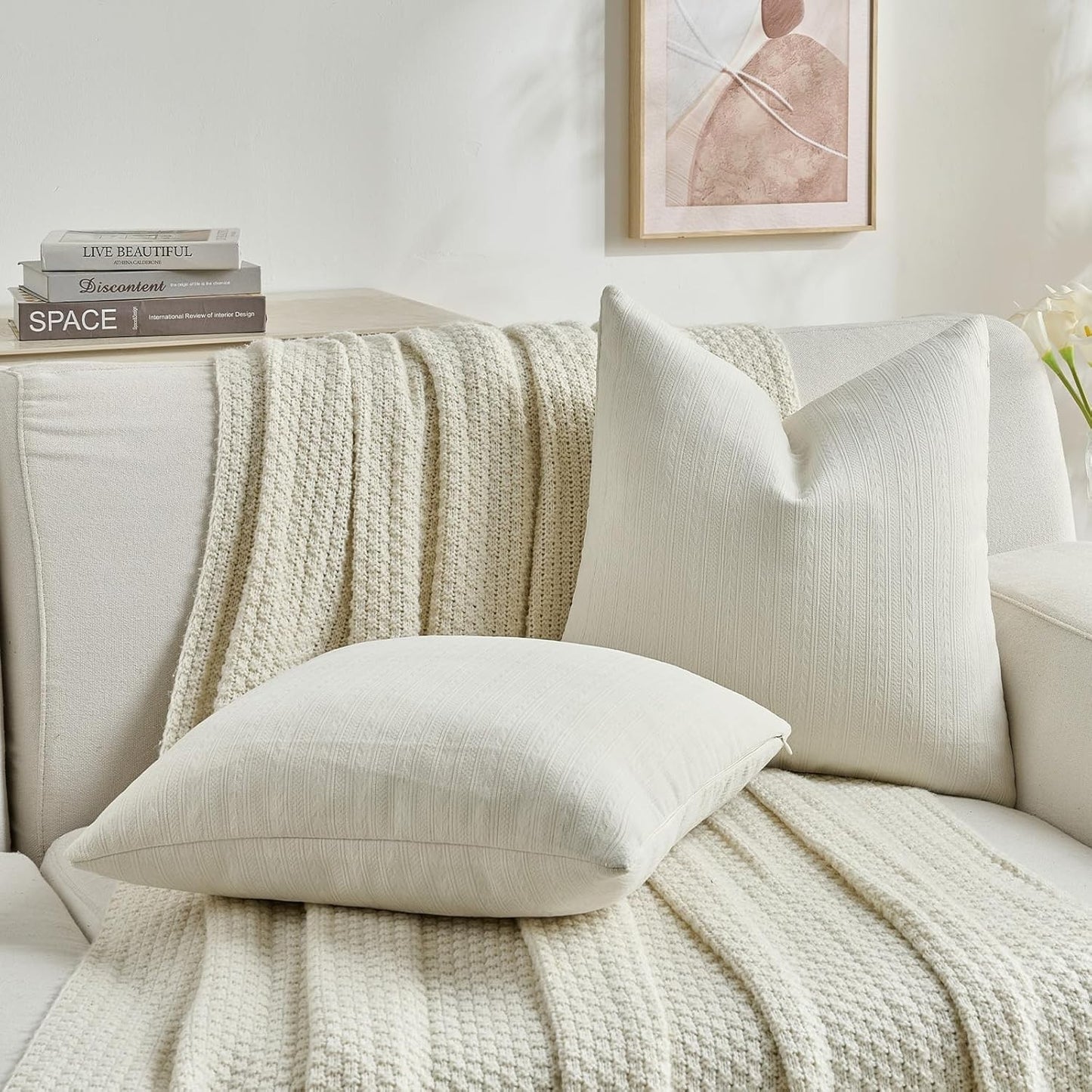 FUTEI Cream White Decorative Throw Pillow Covers 24x24 Inch Set of 2,Soft Cozy