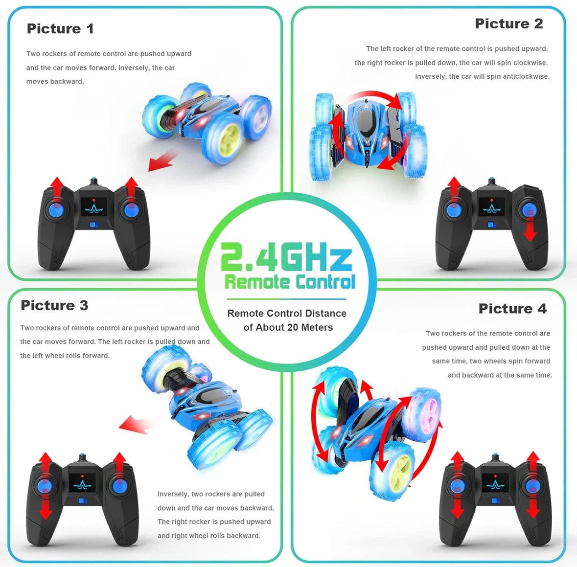 ORRENTE Remote Control Car, RC 2.4GHz Stunts, 4WD 360° Headlight, Rotating truck