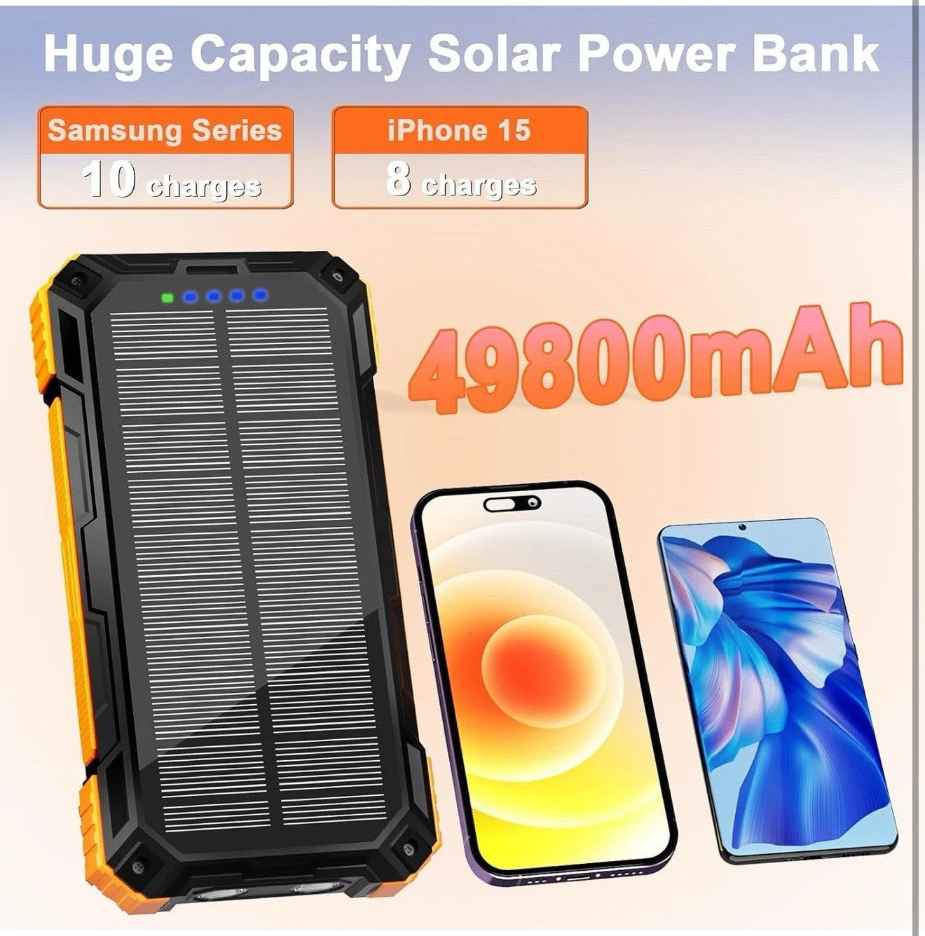 Wongkuo Solar Charger Power Bank - 49800mAh, with Built-In Charging Cords
