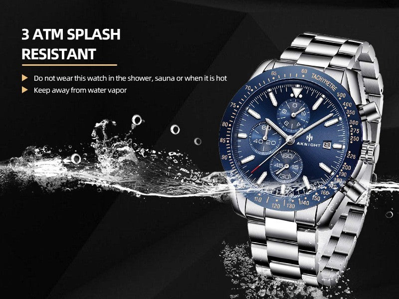 AKNIGHT Men's Watches 45mm Big Face, Waterproof Chronograph Silver & Blue