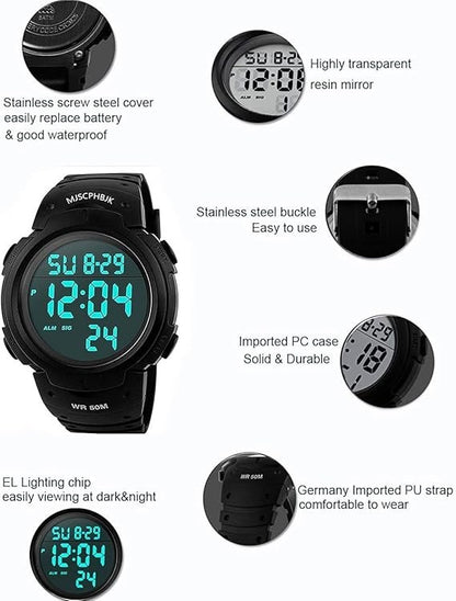 MJSCPHBJK Mens Digital Sports Watch, Waterproof LED Screen Large Face Military