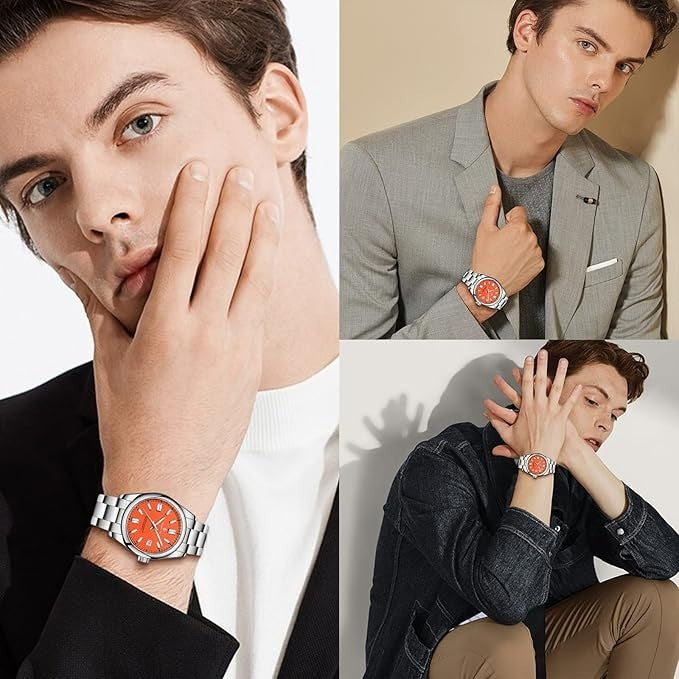 AKNIGHT Stainless Steel Watch Unisex  Analog Chronograph Waterproof Silver & Red