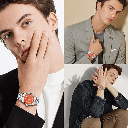 AKNIGHT Stainless Steel Watch Unisex  Analog Chronograph Waterproof Silver & Red