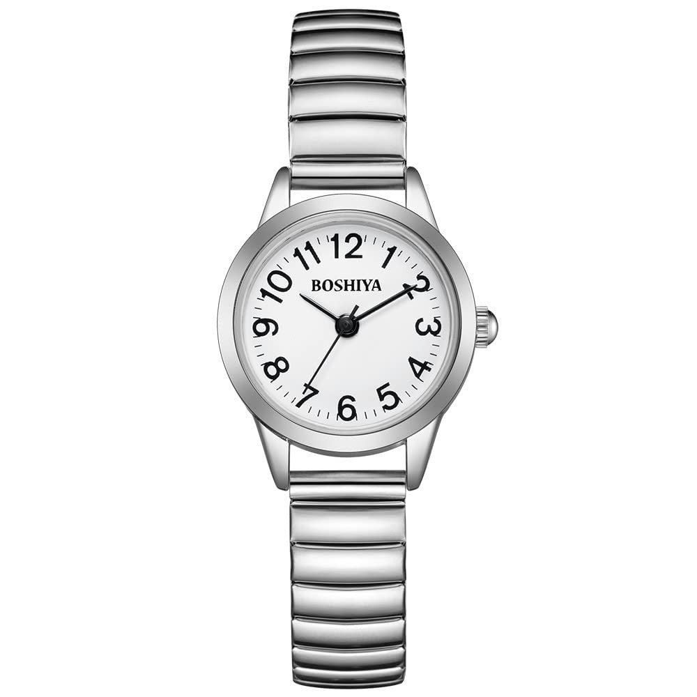 BOSHIYA Small Silver Women's Watch, Easy Reader Analog Ladies Quartz