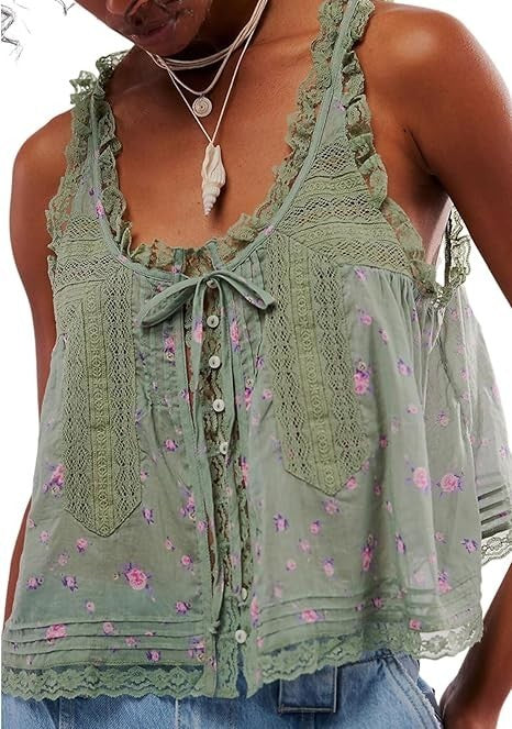 WOWULOVELY Women LaceTrim Tank Tops Sleeveless Ruffled Lace Trim Chiffon Top 