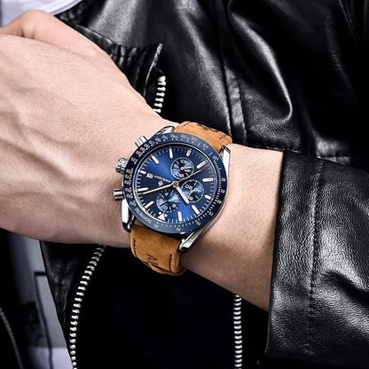 AKNIGHT Leather Watch for Men  Analog Chronograph Waterproof Silver & Blue