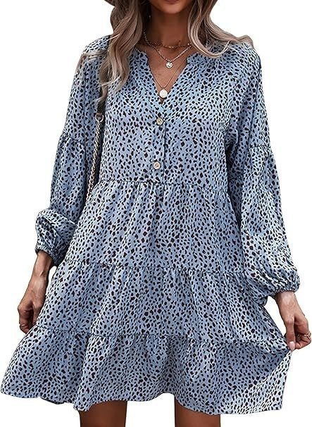 Yoyoveta Women's Blue Leopard Print Long Sleeve V-Neck Ruffled Dress Large