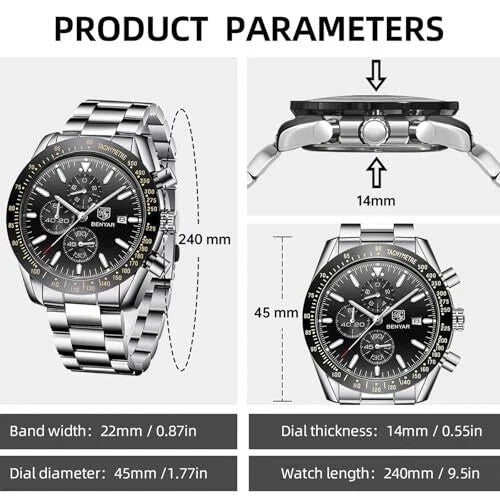 BENYAR Men's Chronograph Watch BY5140 Silver Stainless Steel, Black Dial, Quartz