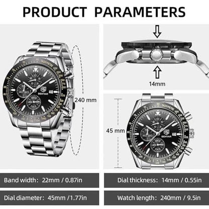 BENYAR Men's Chronograph Watch BY5140 Silver Stainless Steel, Black Dial, Quartz