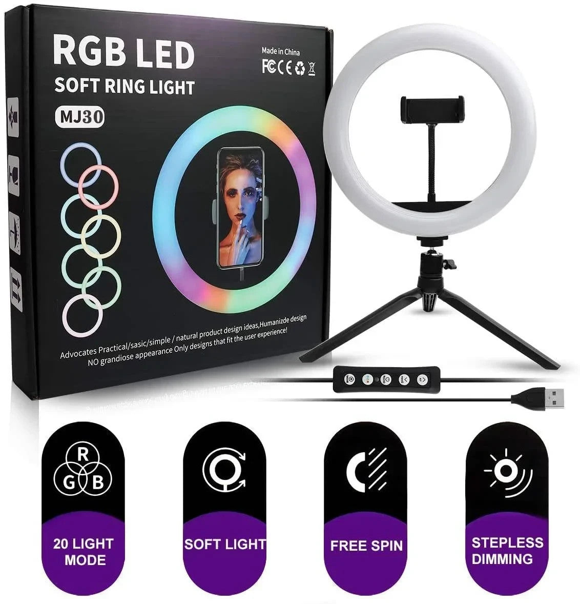 MJ30 RGB Ring Light with Phone Holder for Stabilization and Live Video Shooting