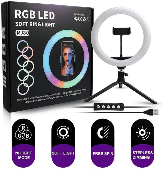 MJ30 RGB Ring Light with Phone Holder for Stabilization and Live Video Shooting