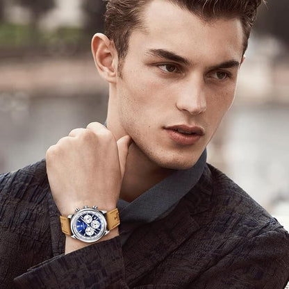 AKNIGHT Leather Watch for Men  Analog Chronograph Waterproof Silver & Blue