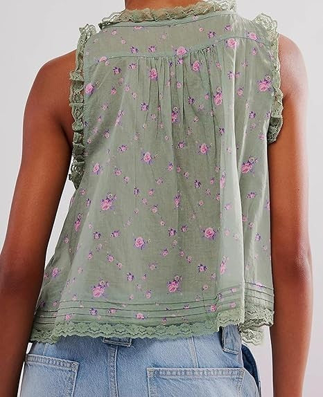 WOWULOVELY Women LaceTrim Tank Tops Sleeveless Ruffled Lace Trim Chiffon Top 
