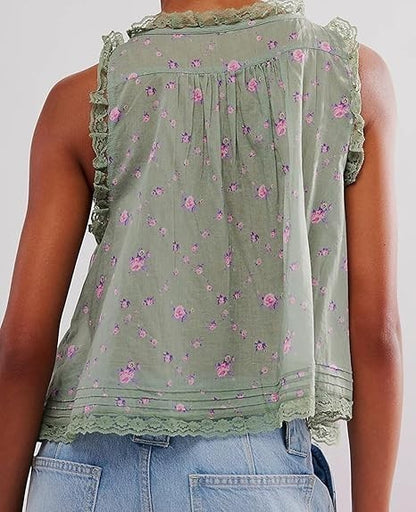 WOWULOVELY Women LaceTrim Tank Tops Sleeveless Ruffled Lace Trim Chiffon Top 