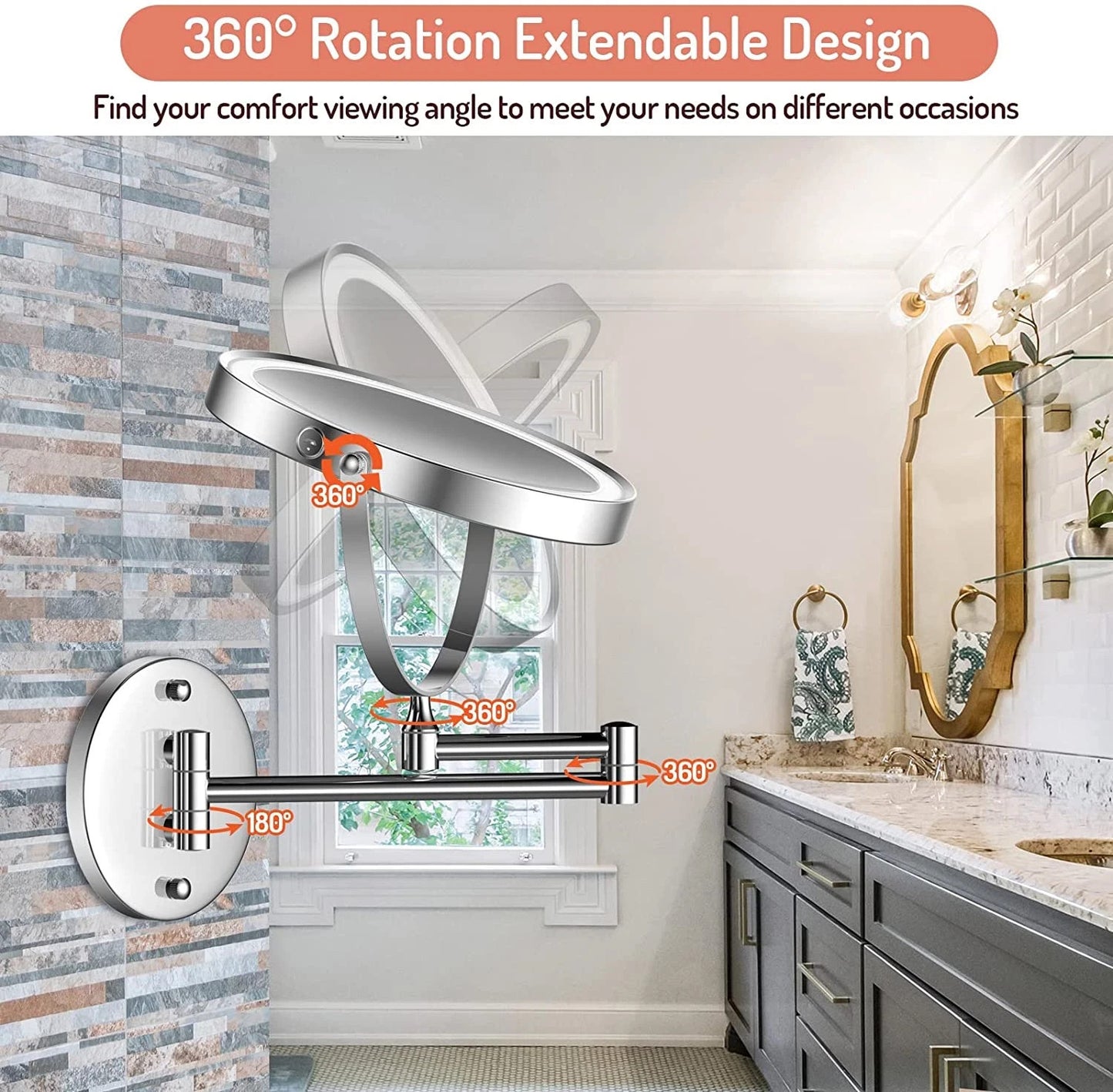 Rechargeable Wall Mounted Lighted Makeup Mirror Chrome, 8 Inch Double-Sided LED