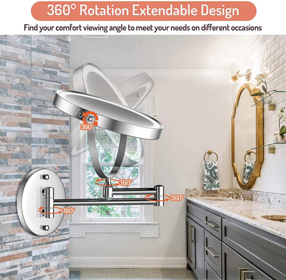 Rechargeable Wall Mounted Lighted Makeup Mirror Chrome, 8 Inch Double-Sided LED