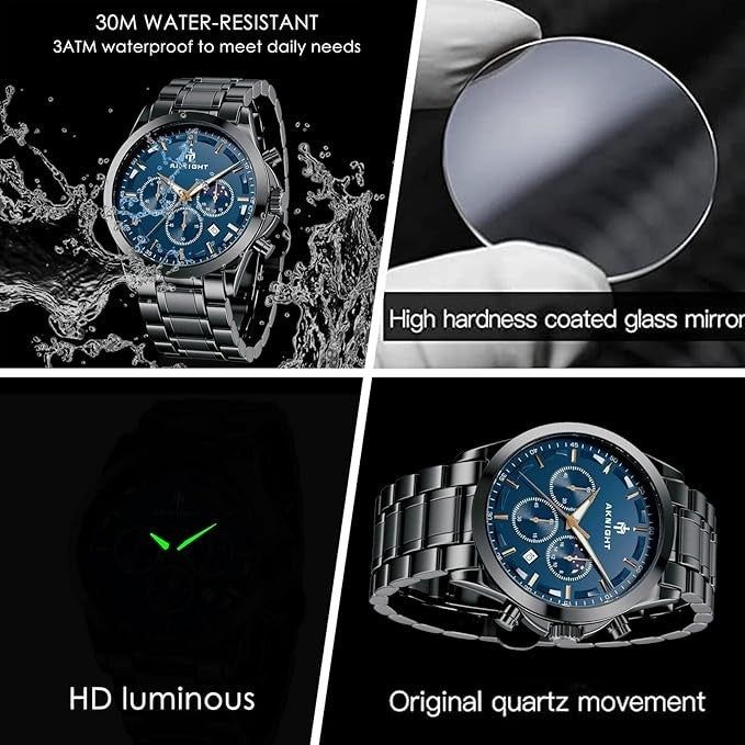 AKNIGHT Men's Watches 45mm Big Face, Waterproof Chronograph Black & Blue
