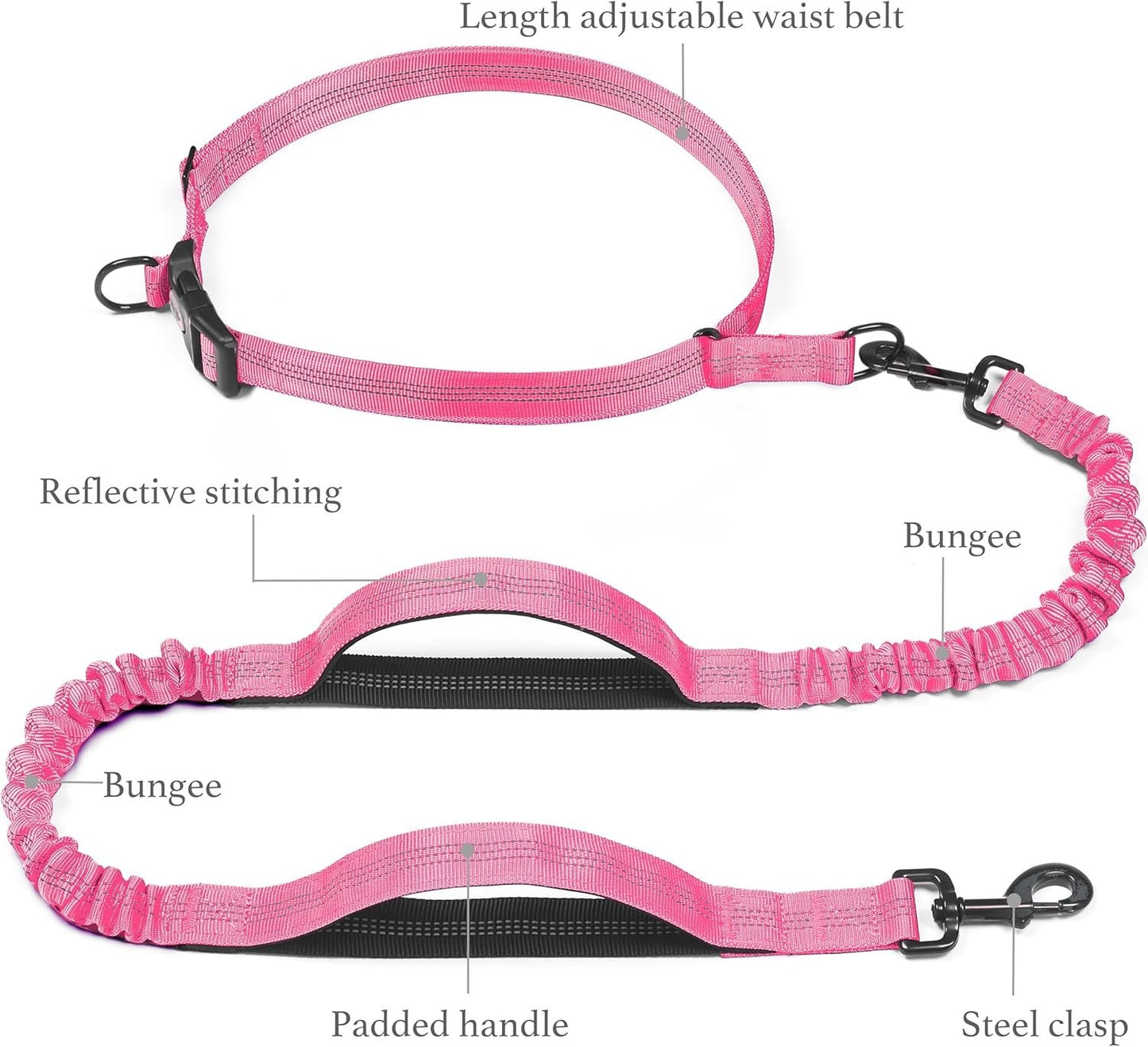Pink Medium/Large Retractable Hands-Free Dog Leash for 25-150lbs Dual Handle