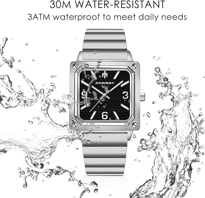 AKNIGHT Men's Square Watches Chronograph Elegant Business Watch Silver & Black
