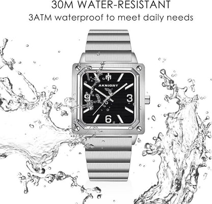 AKNIGHT Men's Square Watches Chronograph Elegant Business Watch Silver & Black