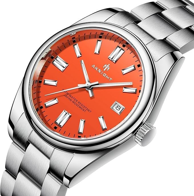 AKNIGHT Stainless Steel Watch Unisex  Analog Chronograph Waterproof Silver & Red